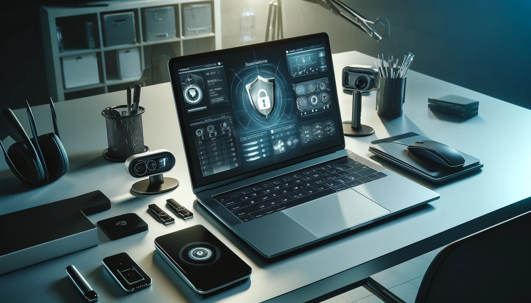 a sleek laptop surrounded by security devices, displaying an antivirus interface on the laptop screen in a minimalistic and modern workspace.