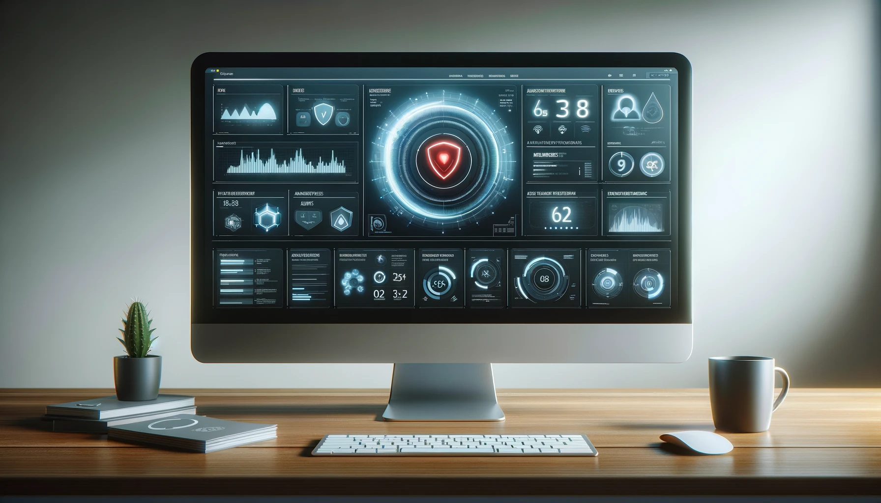 a computer on a desk with an antivirus software on the screen.