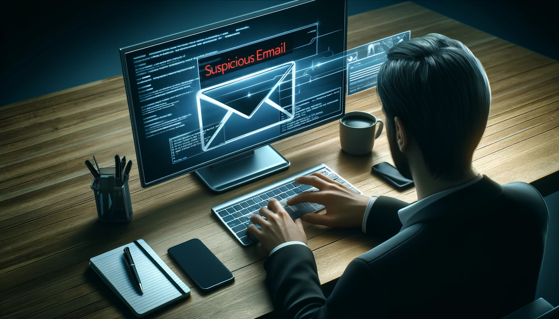 A male person is focused on analyzing a suspicious email on a computer screen. The workspace includes office essentials like a notebook and smartphone.