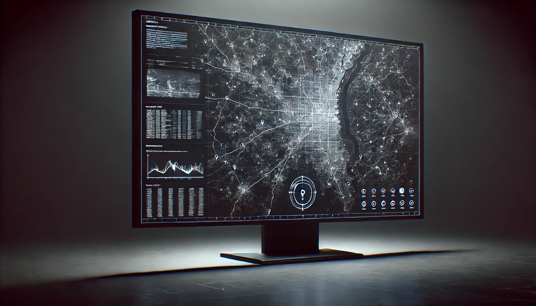 A detailed, glowing map is displayed on a large screen in a dark, minimalistic room, with intricate lines and markers.
