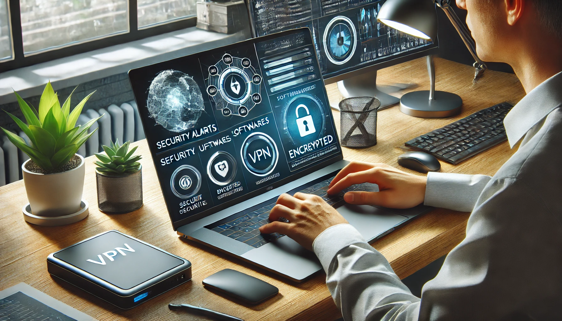 A sleek home office setup with a laptop open to a cybersecurity dashboard showing security alerts, software updates, and encrypted network activity.