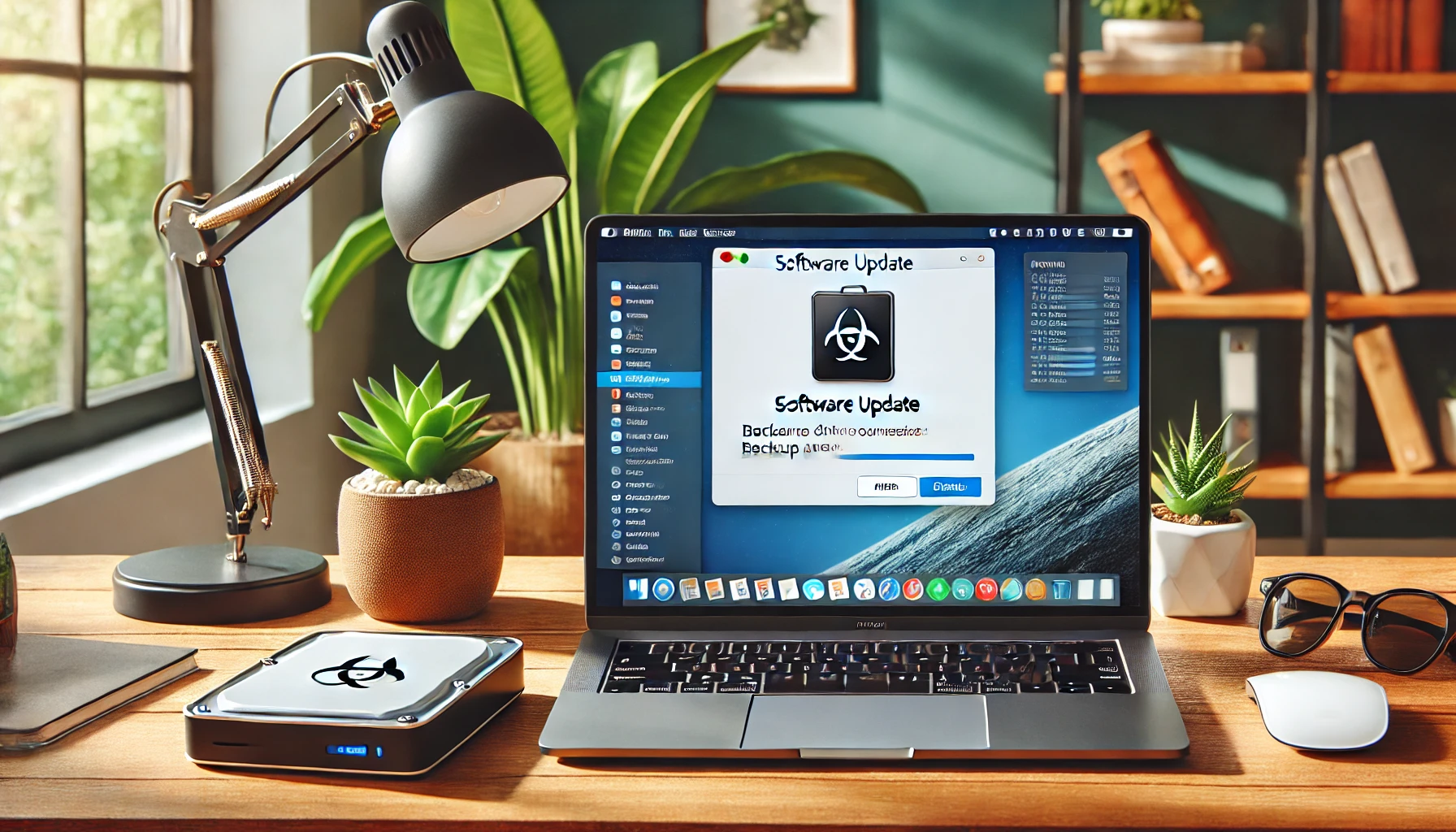A modern, cozy home office setup with a laptop displaying a software update notification.