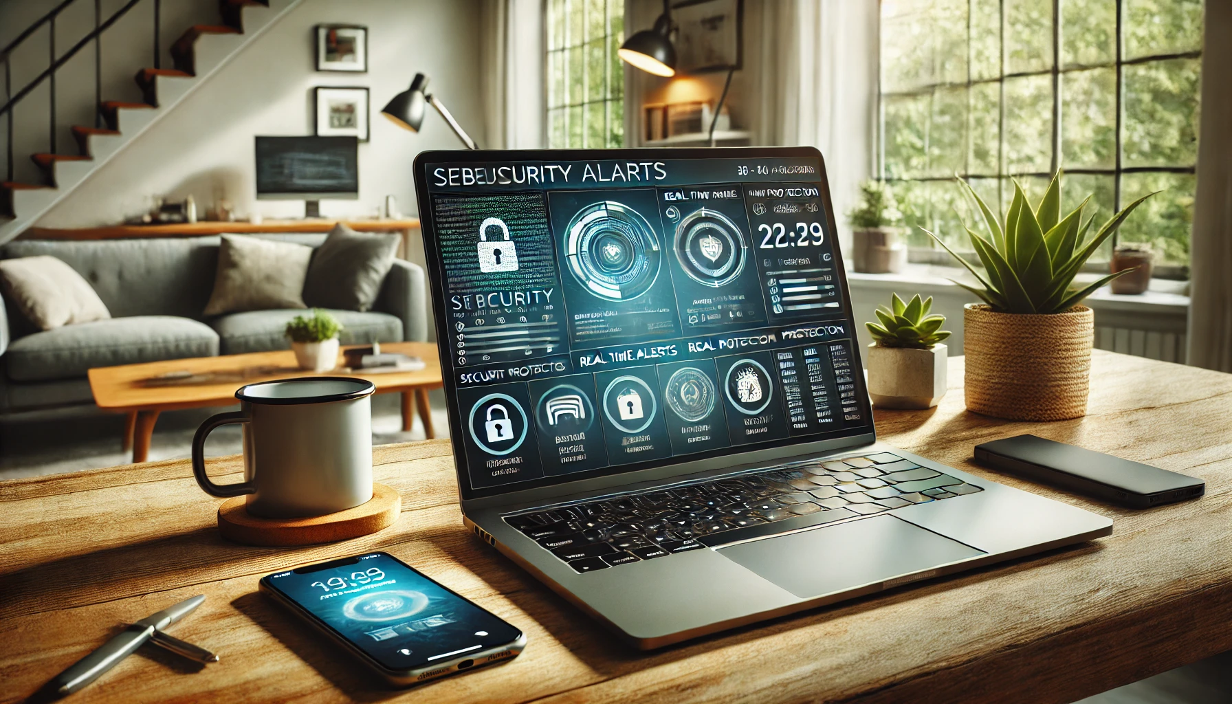 A modern home office setting with a laptop displaying a cybersecurity dashboard.