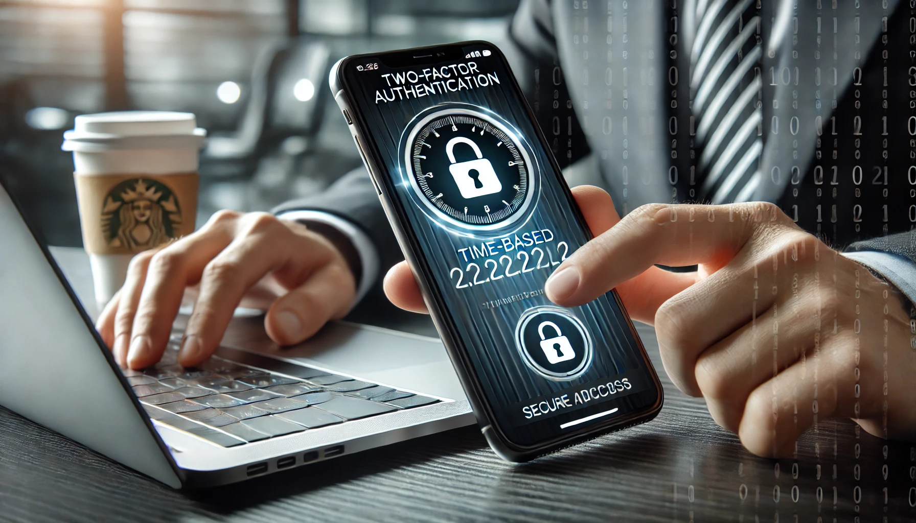 a person using a smartphone with a two-factor authentication app open, showing a time-based authentication code for security verification.