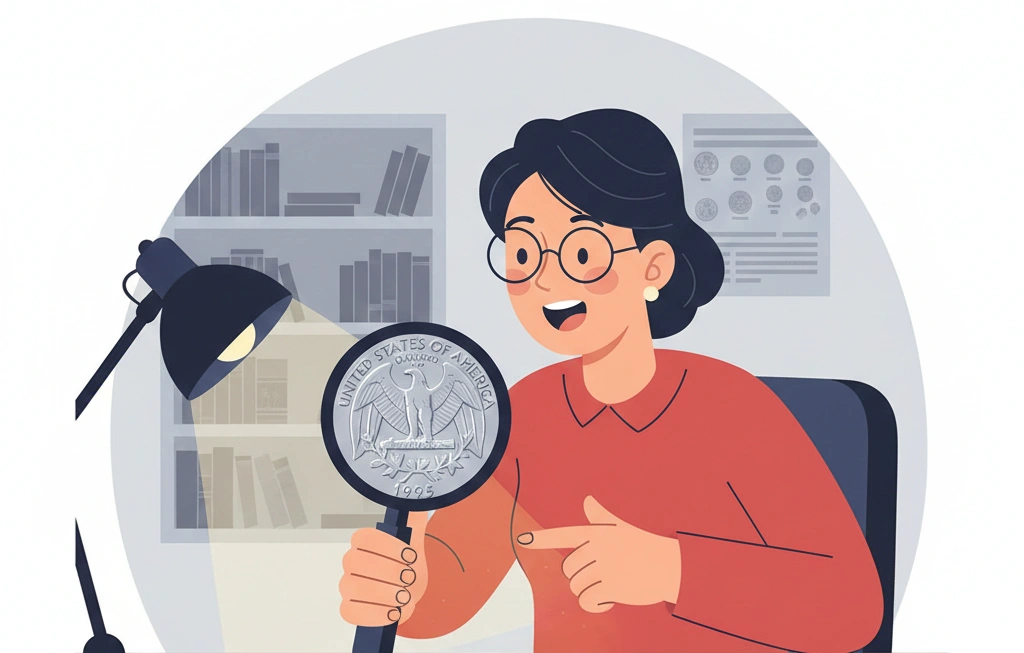 A collector discovering a 1995 quarter error under magnification
