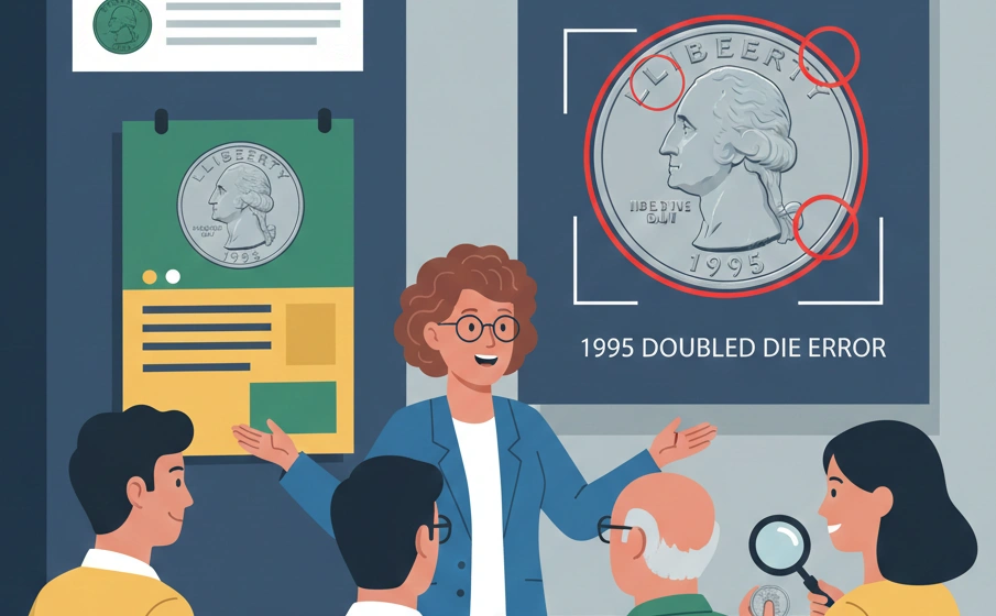 A coin dealer explaining 1995 quarter errors to a small group at a coin convention booth